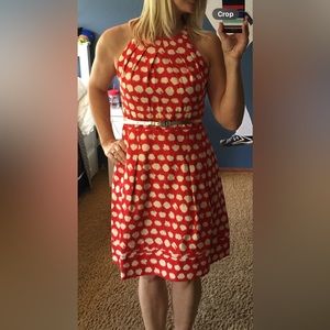 Eliza J Fit n Flare belted dress in orange and white with golf belt. Size 10